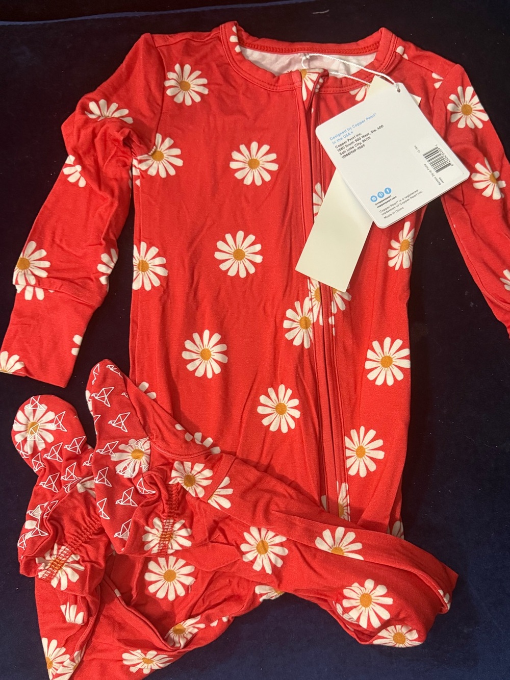 Copper Pearl Jessa Bamboo Zip Up Footie 12-18 Months Red Daisy Print - Picture 5 of 8